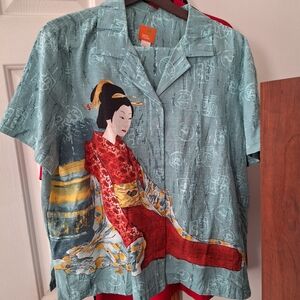 Hearts Of Palm Style Geisha Print Shirt And Pants. 100 Silk.